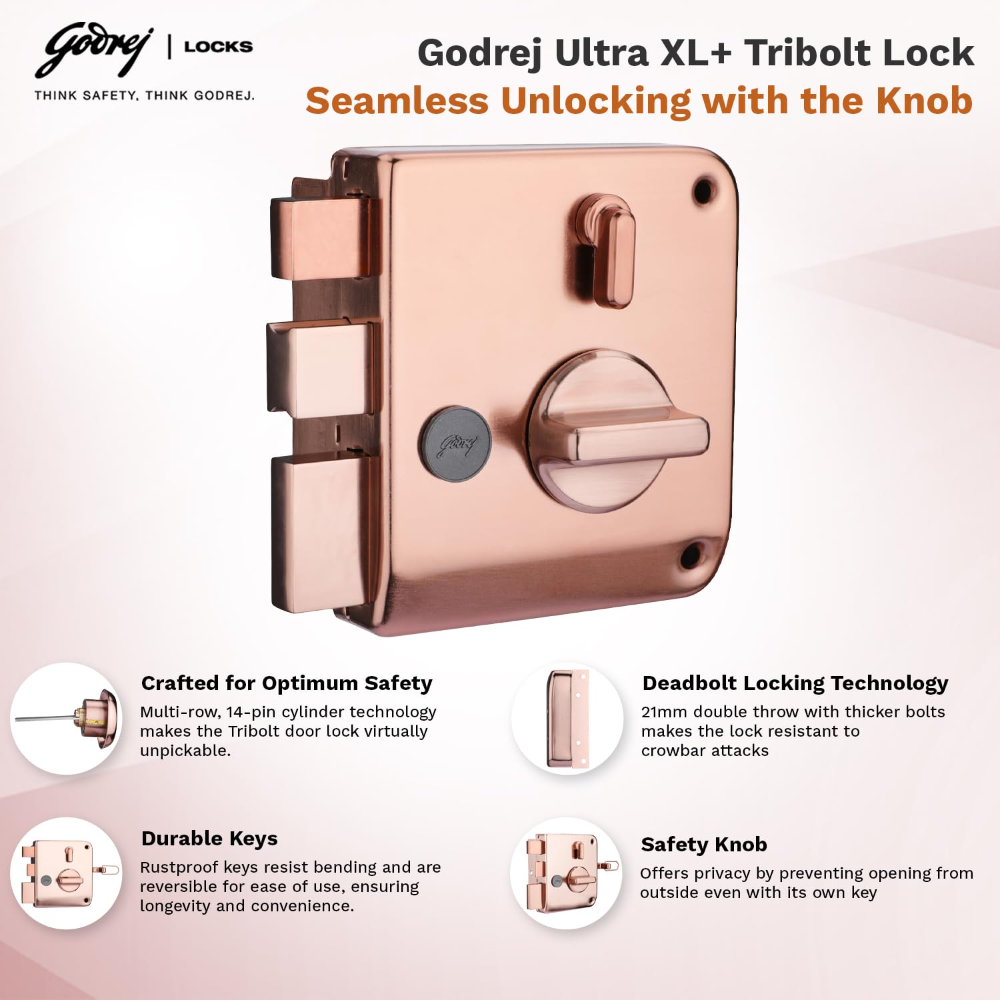 Godrej Rim Lock I Tribolt Ultra XL plus  l 1CK Deadbolt I for Inside Opening Wooden Door | Left or Right Handed Doors I 4 Keys I 5-Year Warranty I Manual Locking l Rose Gold Finish